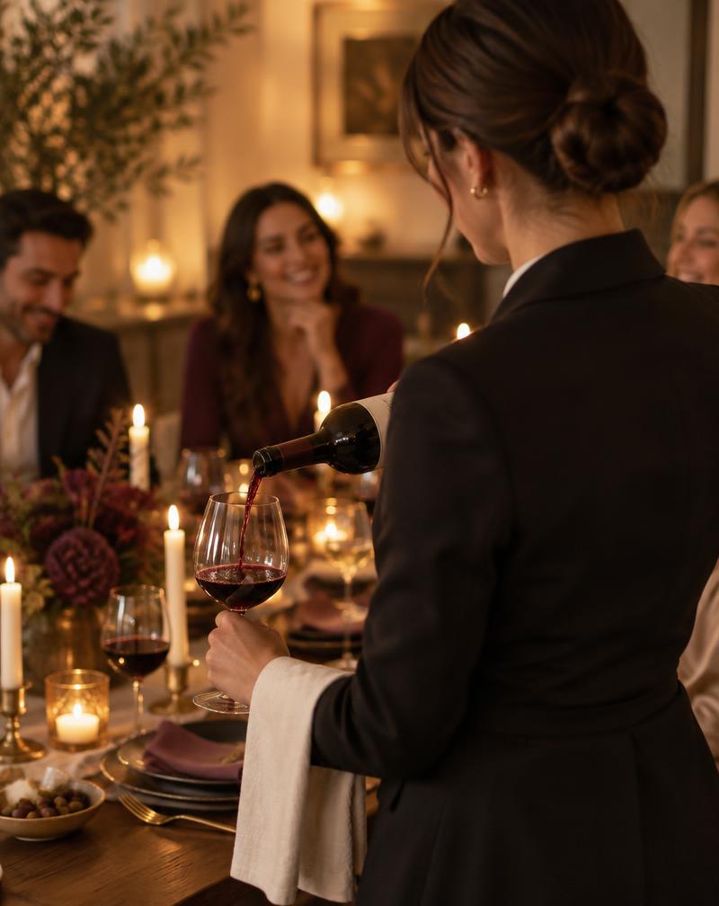 A sommelier pouring red wine at an intimate candlelit dinner