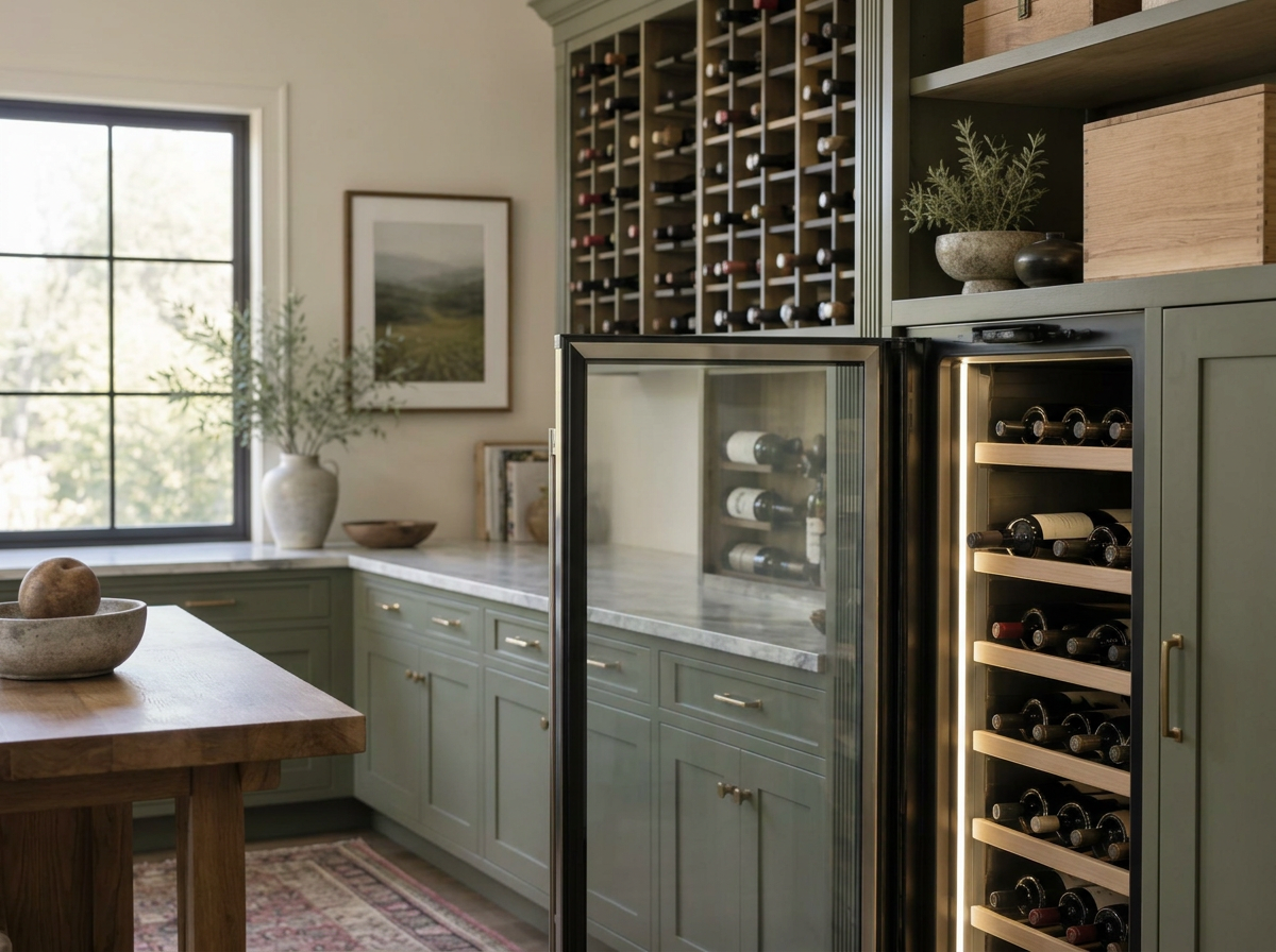 A home wine room with sage-green cabinetry, an open wine cooler stocked with bottles, and built-in bottle cubbies