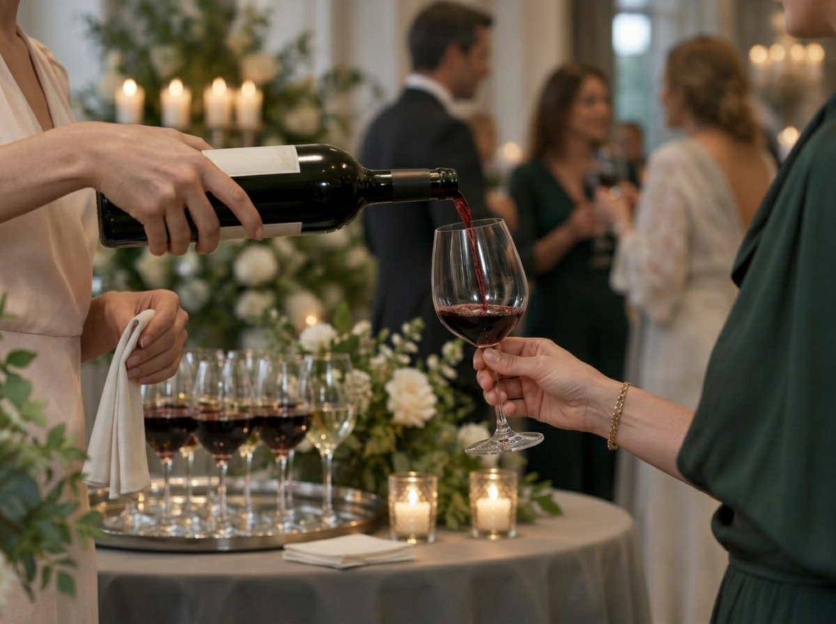 A woman's hand pouring red wine into a guest's glass at an elegant candlelit private event