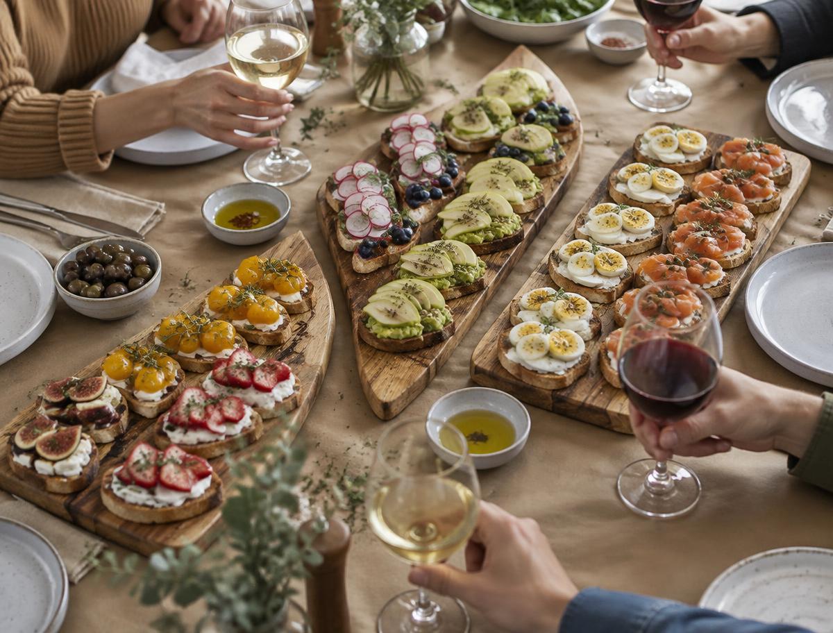 A long table covered in brown paper with boards of crostini and glasses of red and white wine, guests' hands reaching in